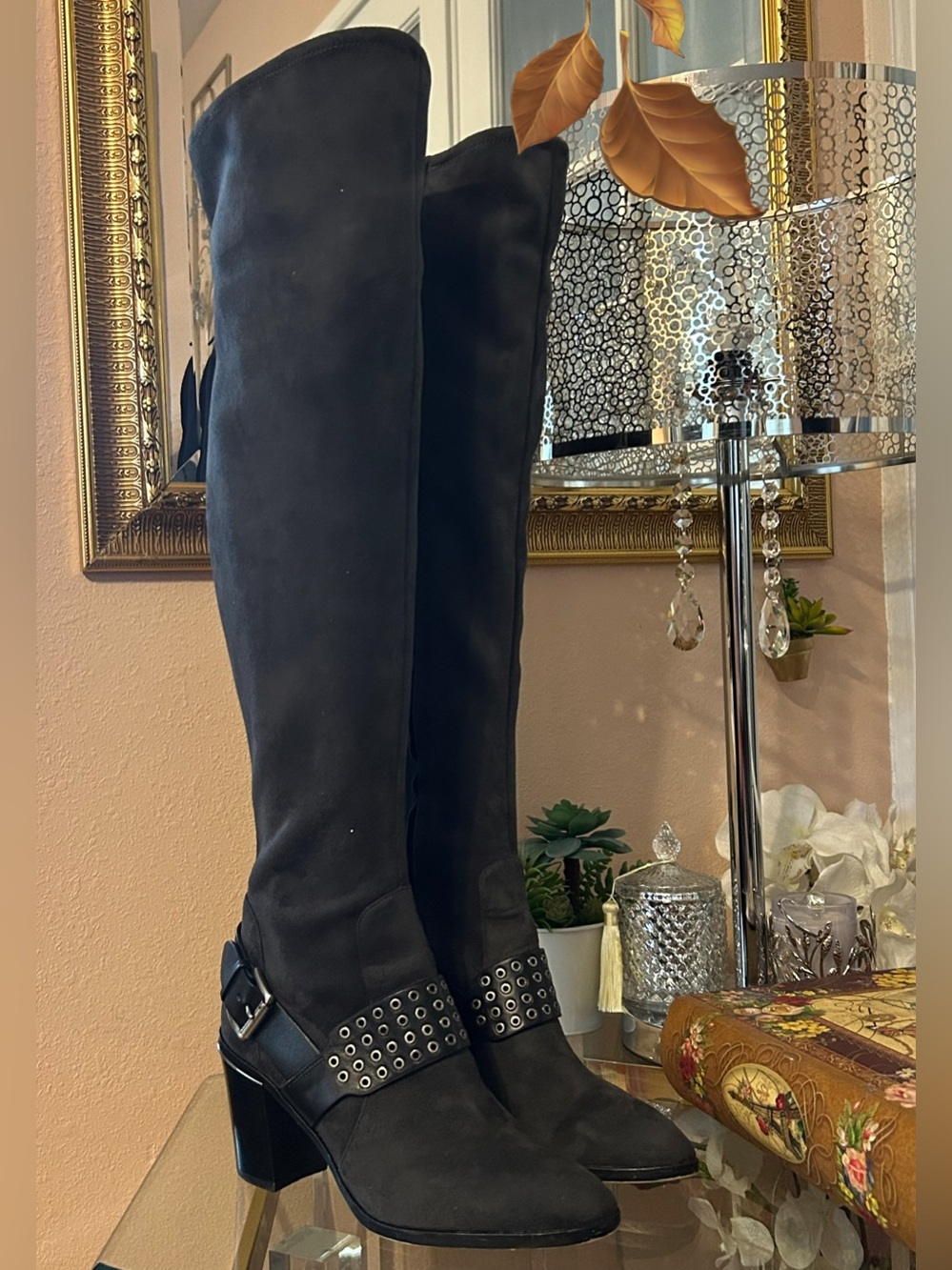 MK Michael Kors Brody Charcoal Suede Over-the-Knee Heeled Boots Buckle Strap 9